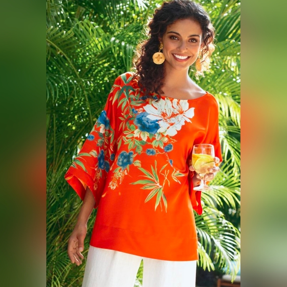Soft Surroundings Orange Tropical Floral Pullover Top Women Large Kimono Sleeve